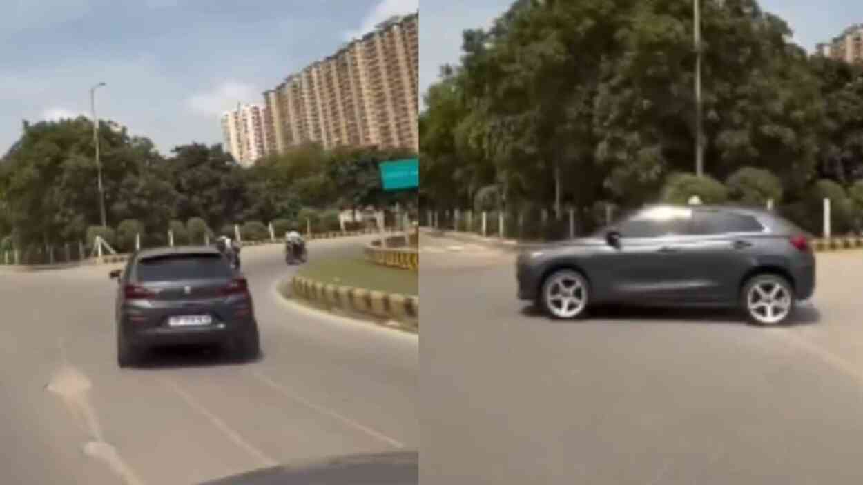 man-performs-dangerous-stunts-with-maruti-baleno-in-greater-noida,-fined-57,500-by-visitors-police