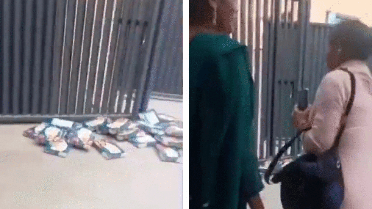 angry-with-soan-papdi-as-diwali-present,-staff-throw-bins-at-companys-gate.-viral-video