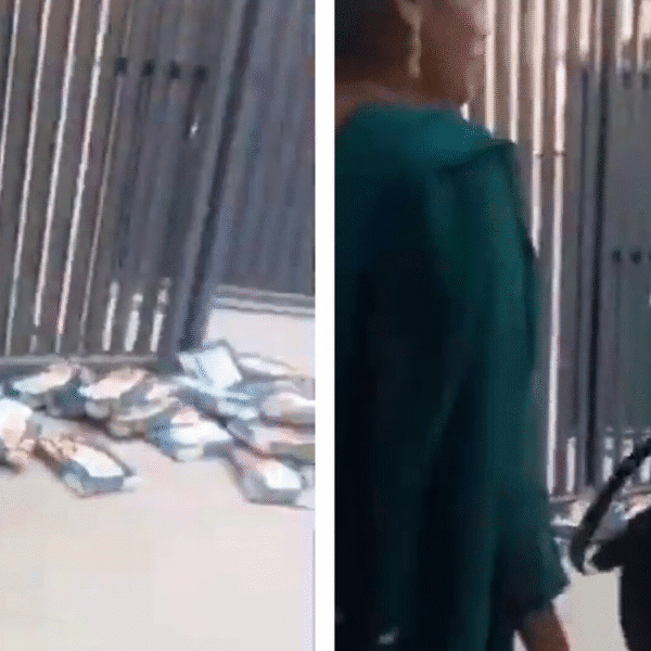 angry-with-soan-papdi-as-diwali-present,-staff-throw-bins-at-companys-gate.-viral-video