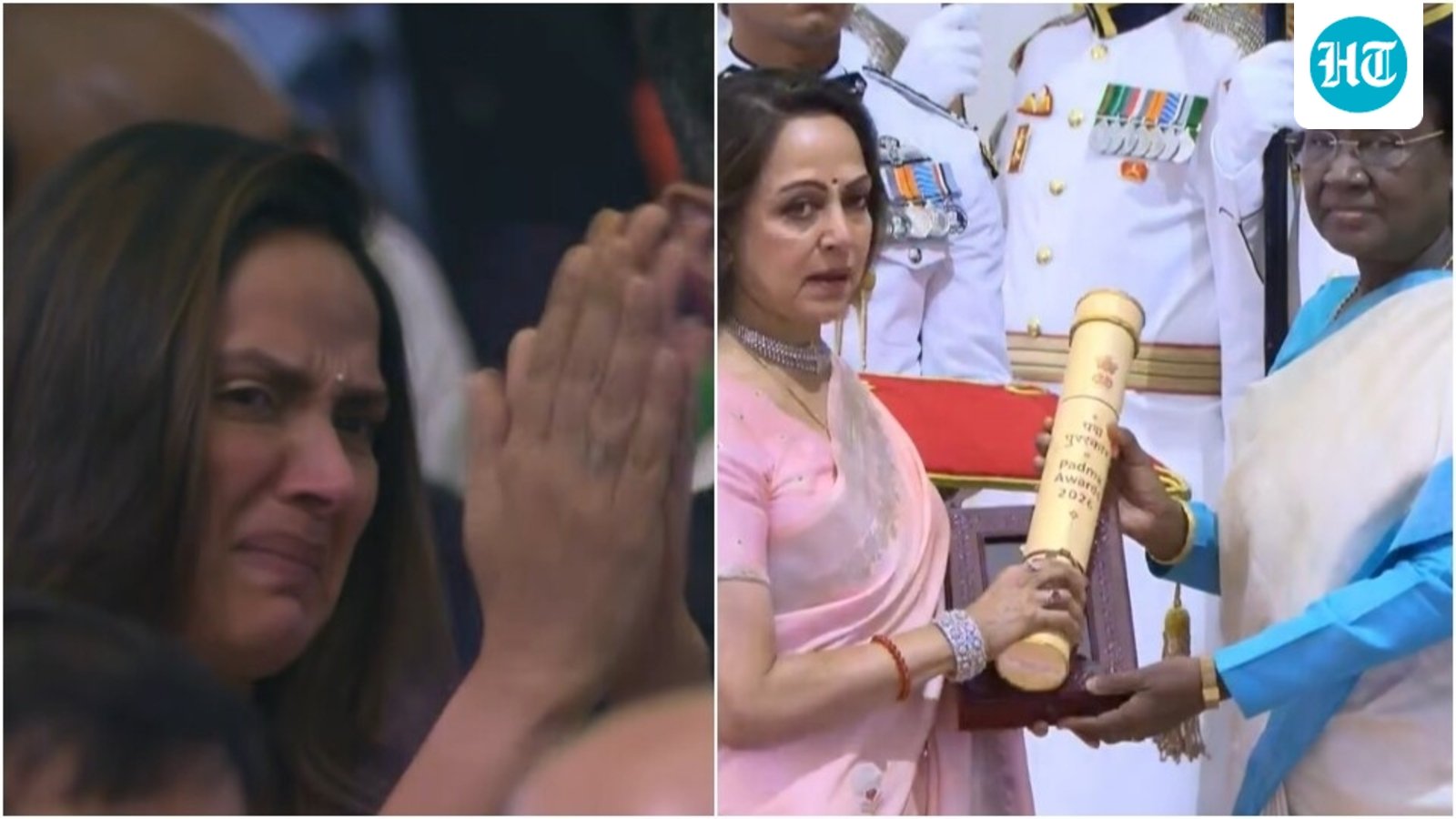 ahana-deol-breaks-down-as-emotional-hema-malini-accepts-dharmenda’s-posthumous-padma-vibhushan-at-padma-awards-2026