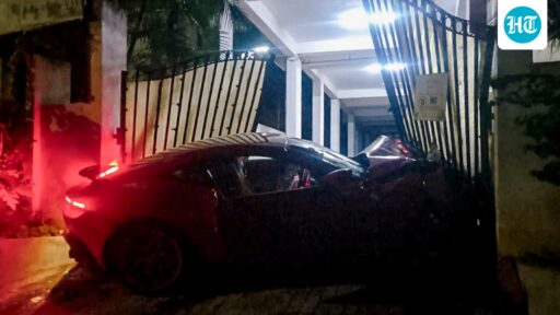 ferrari-worth-3.5-crore-crashes-into-hyderabad-apartment-gate,-probe-on